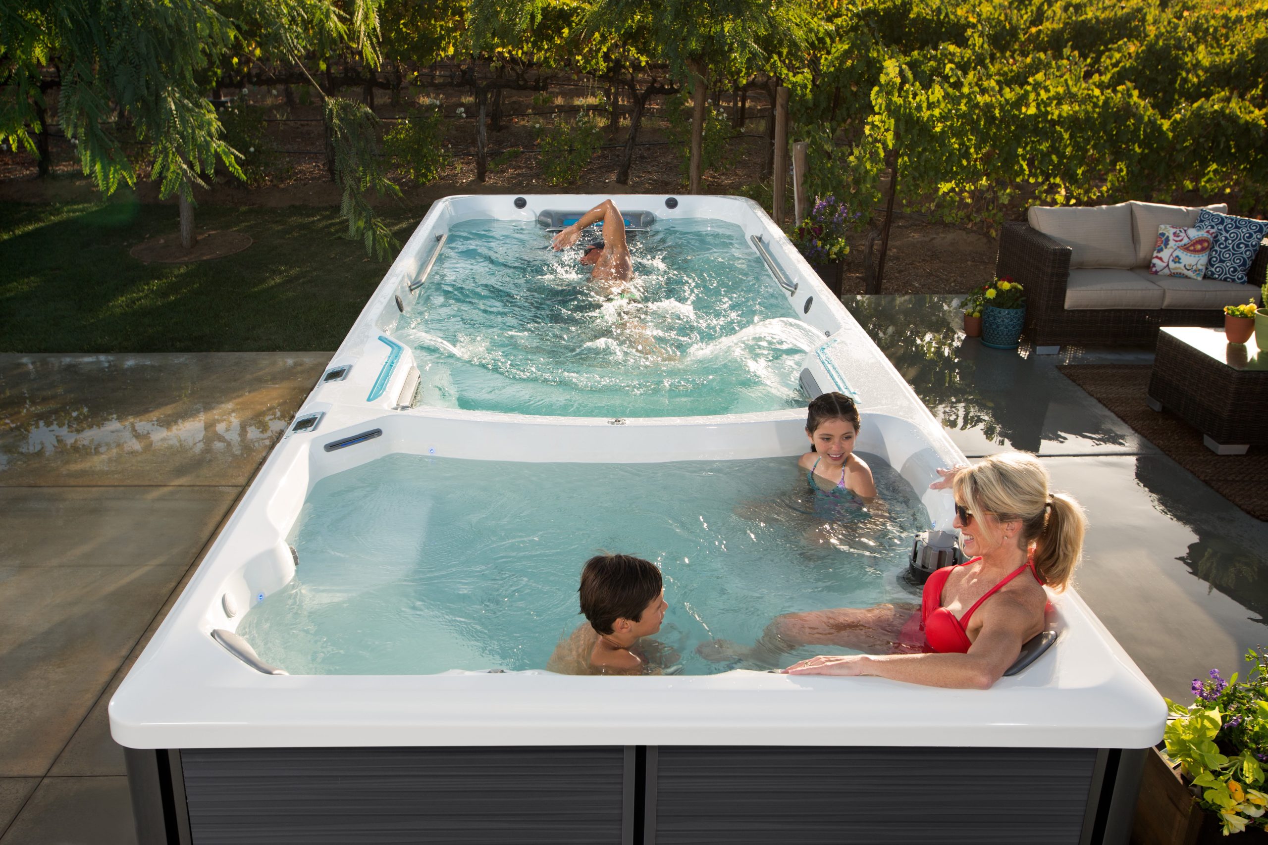 Presidents Day Swim Spa Sale EP FitnessSystems 2023 E2000 AlpineWhite Gray Lifestyle Family Hottub